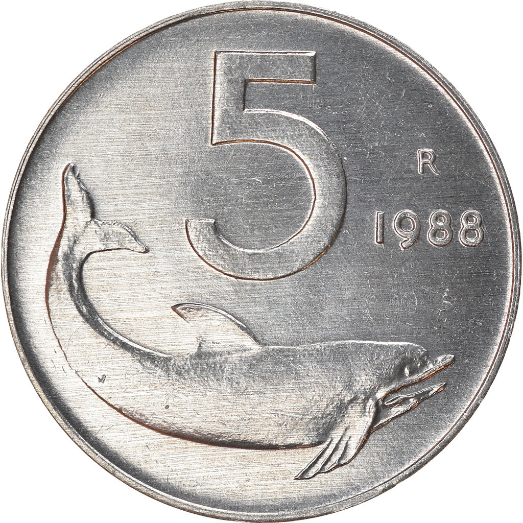 Moneta, Włochy, 5 Lire, 1988, Rome, AU(50-53), Aluminium, KM:92