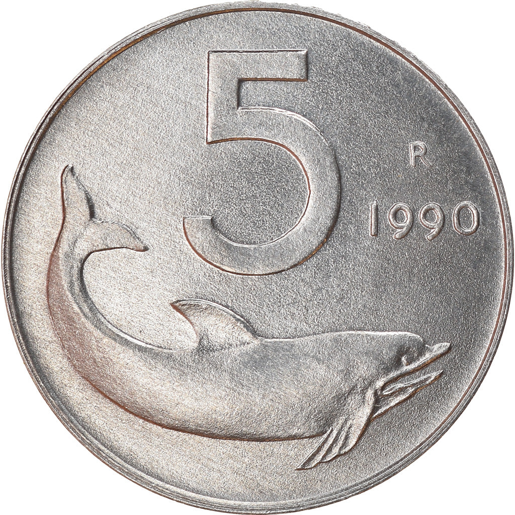 Moneta, Włochy, 5 Lire, 1990, Rome, AU(55-58), Aluminium, KM:92