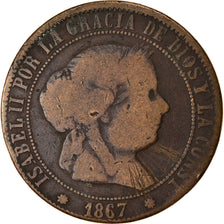 Moneda, España, Isabel II, 5 Centimos, 1867, BC, Cobre, KM:635.1