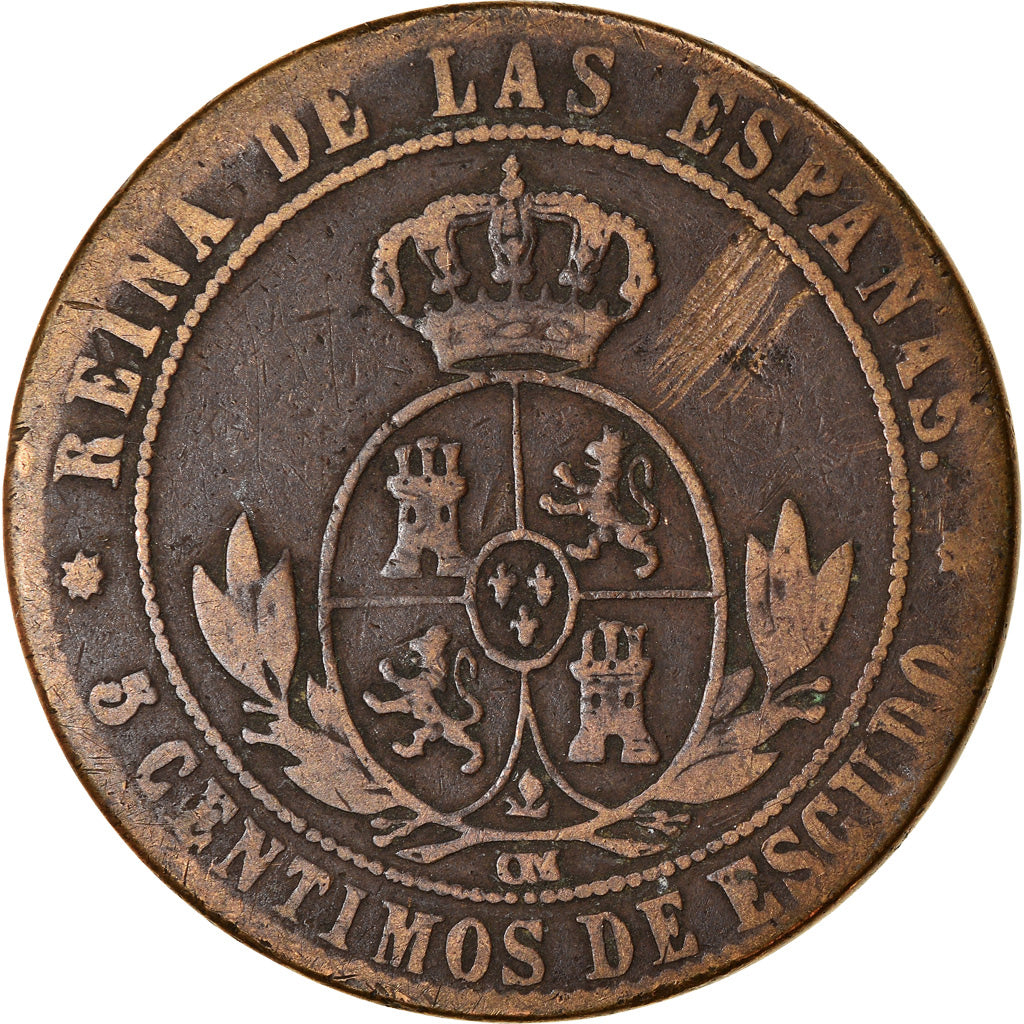 Coin, Spain, Isabel II, 5 Centimos, 1867, F(12-15), Copper, KM:635.1