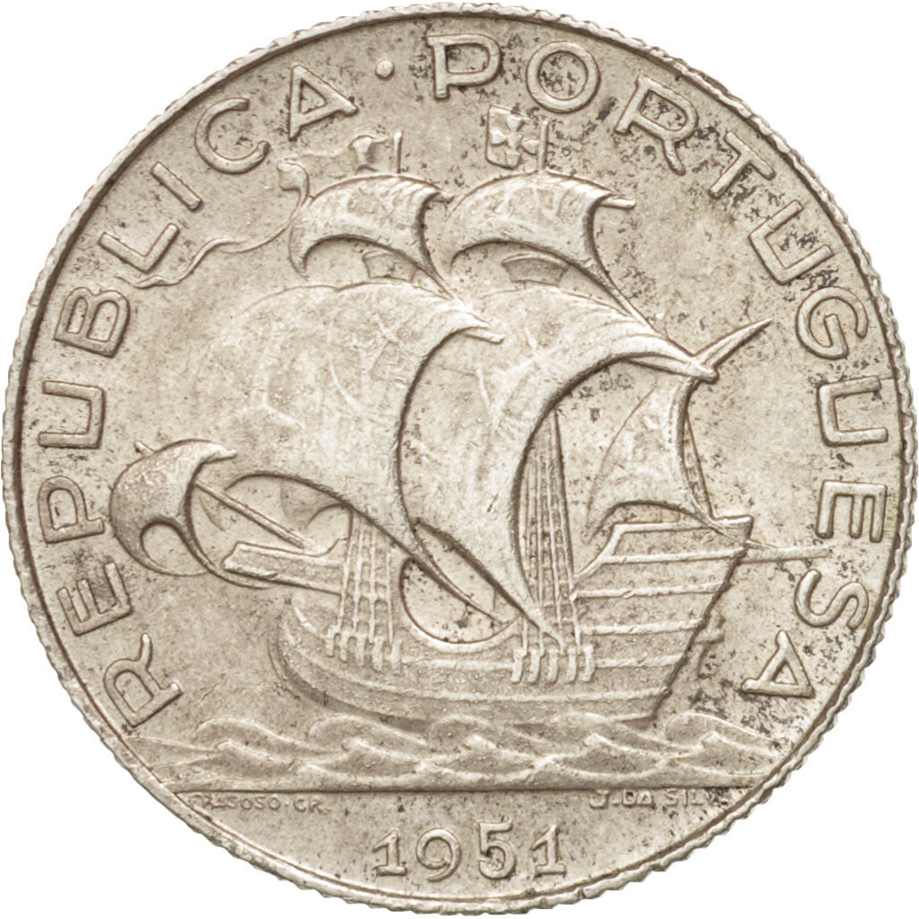 Portugal, 2-1/2 Escudos, 1951, AU(55-58), Silver, KM:580