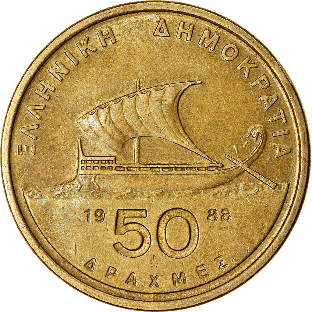 Coin, Greece, 50 Drachmes, 1988, EF(40-45), Aluminum-Bronze, KM:147