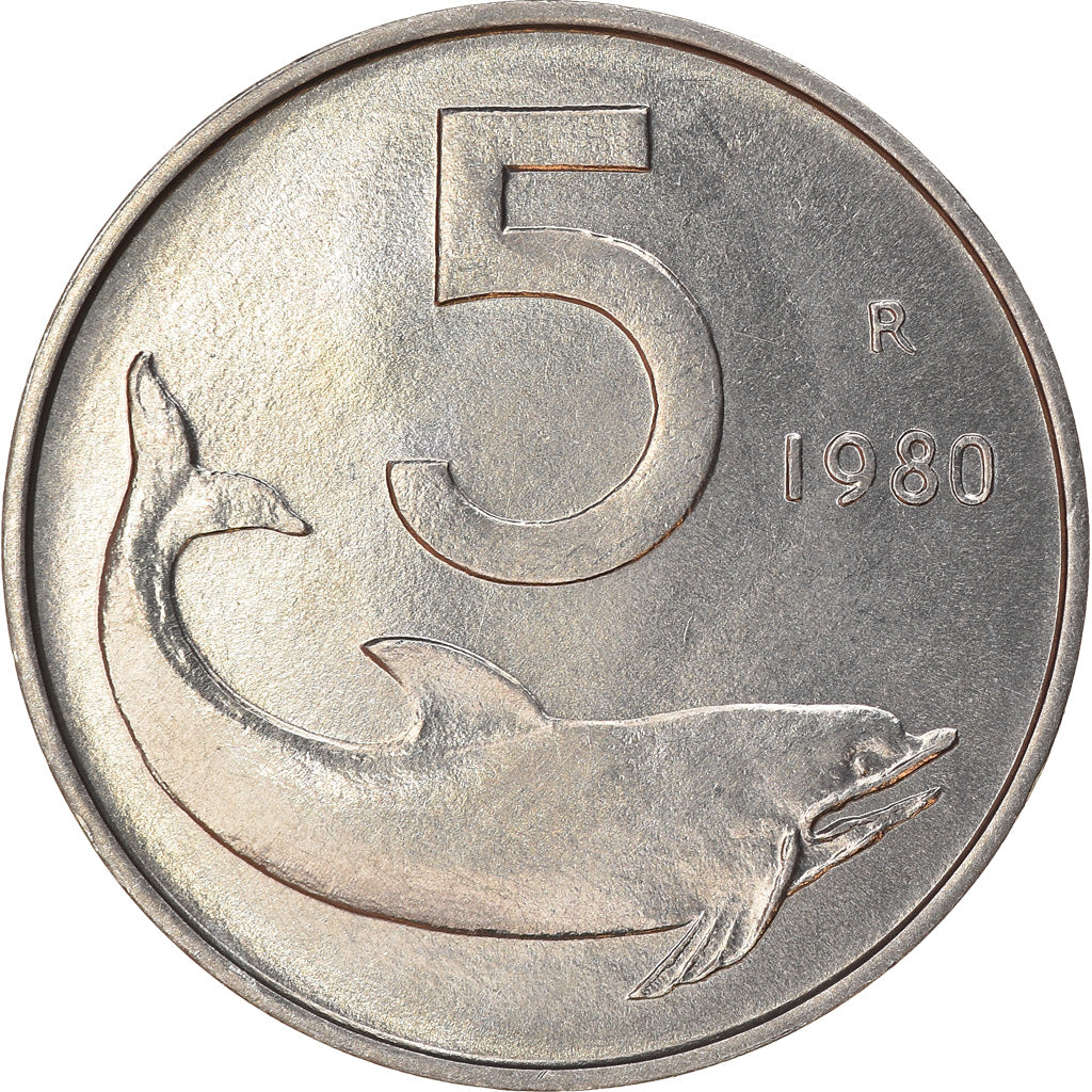 Munten, Italië, 5 Lire, 1980, Rome, ZF+, Aluminium, KM:92