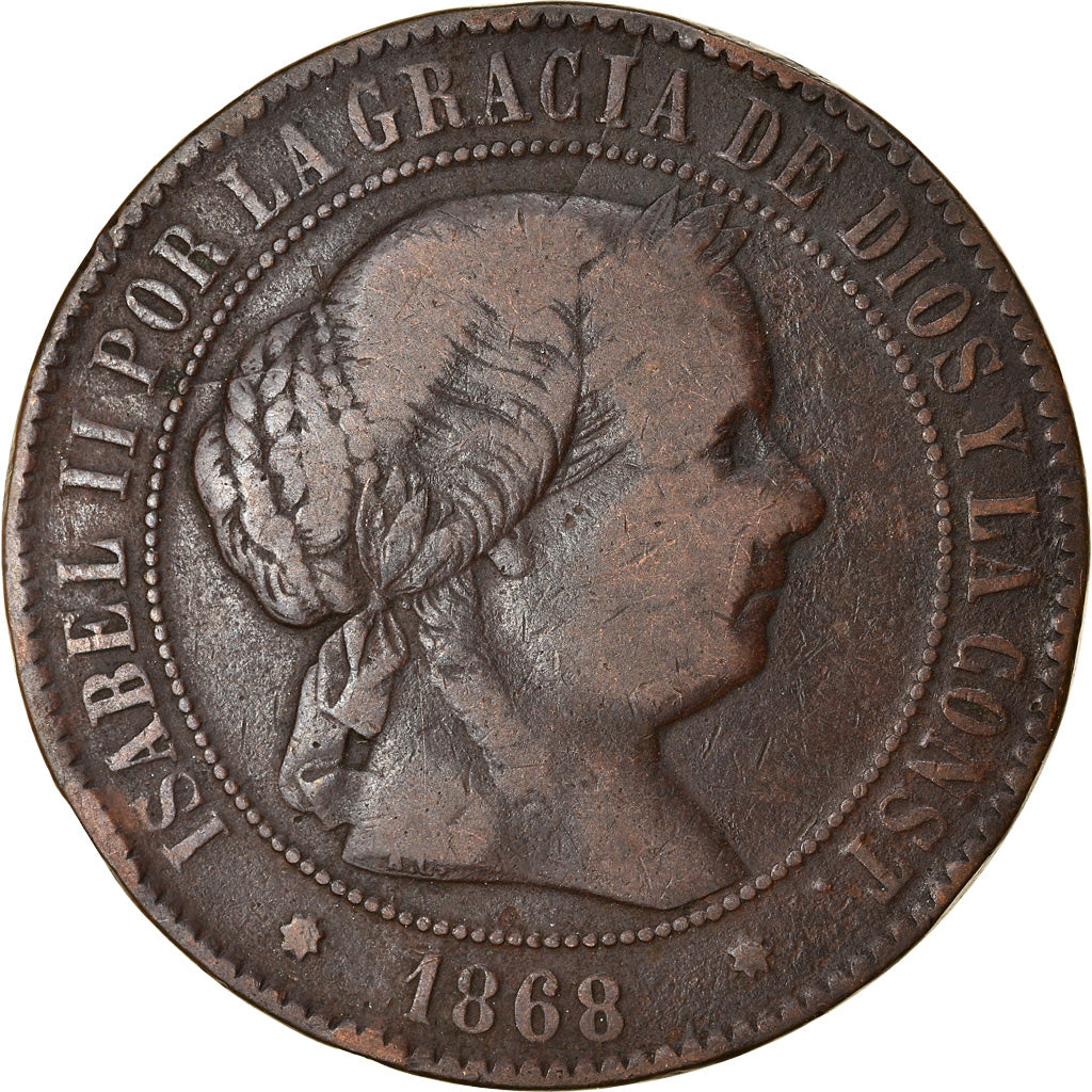 Coin, Spain, Isabel II, 5 Centimos, 1868, Barcelona, VF(20-25), Copper, KM:635.1