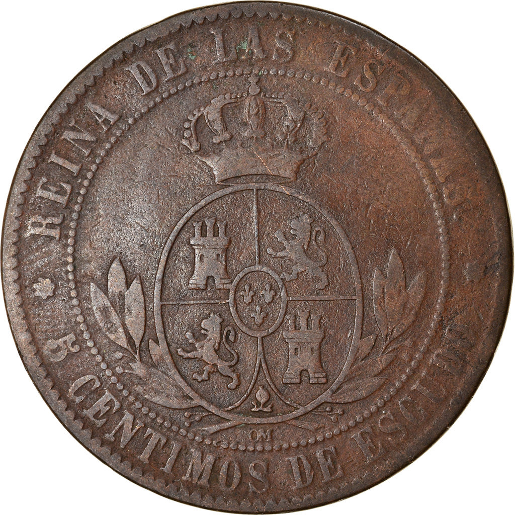 Coin, Spain, Isabel II, 5 Centimos, 1868, Barcelona, VF(20-25), Copper, KM:635.1