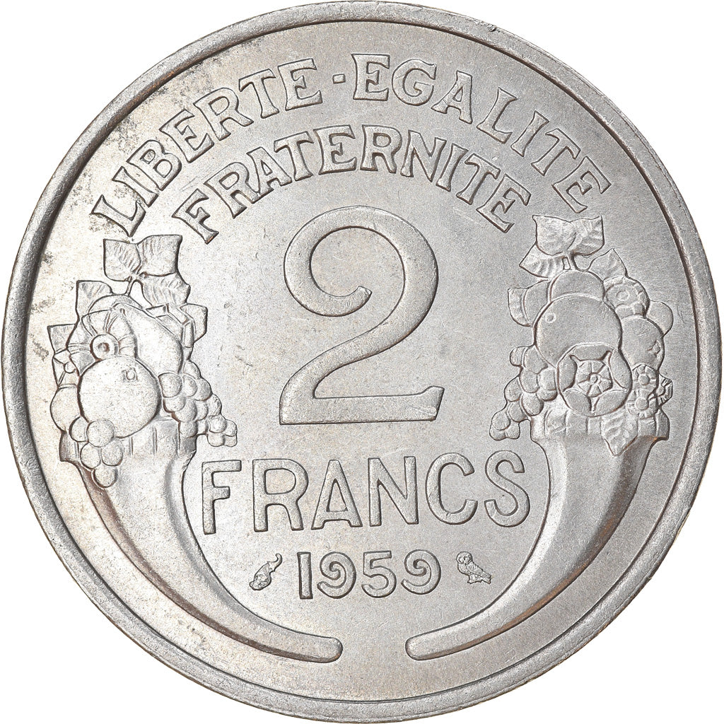 Münze, Frankreich, Morlon, 2 Francs, 1959, Paris, VZ, Aluminium, KM:886a.1