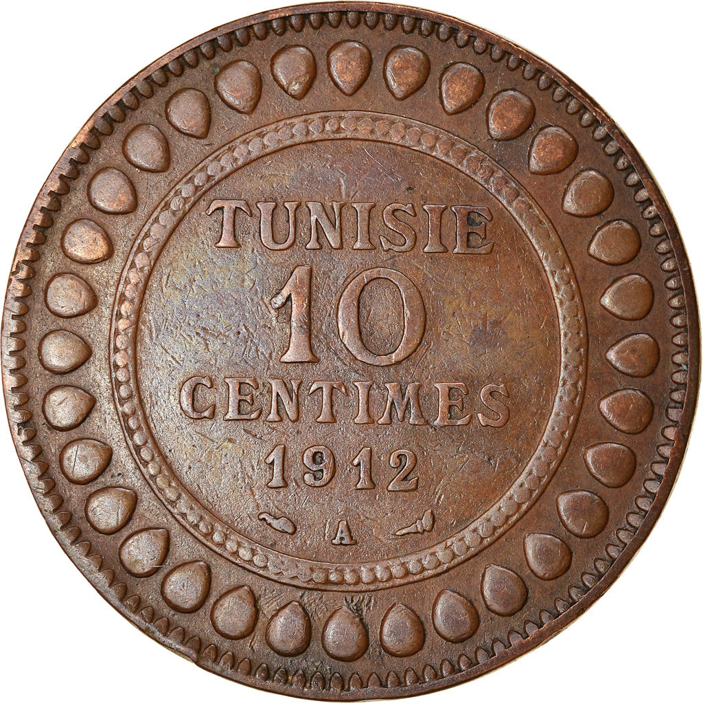 Moeda, Tunísia, Muhammad al-Nasir Bey, 10 Centimes, 1912, Paris, AU(50-53)