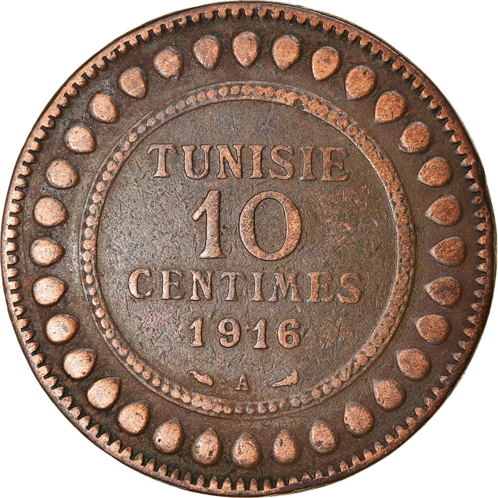 Moeda, Tunísia, Muhammad al-Nasir Bey, 10 Centimes, 1916, Paris, EF(40-45)