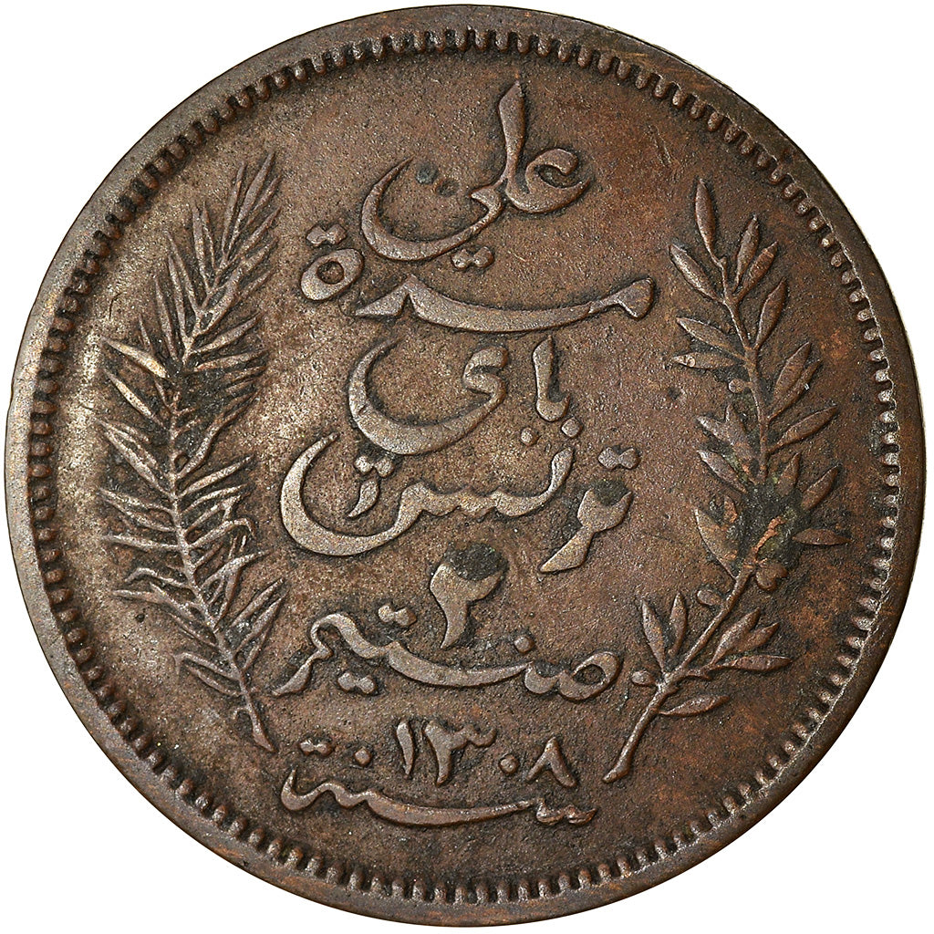 Coin, Tunisia, Ali Bey, 2 Centimes, 1891, Paris, EF(40-45), Bronze, KM:220