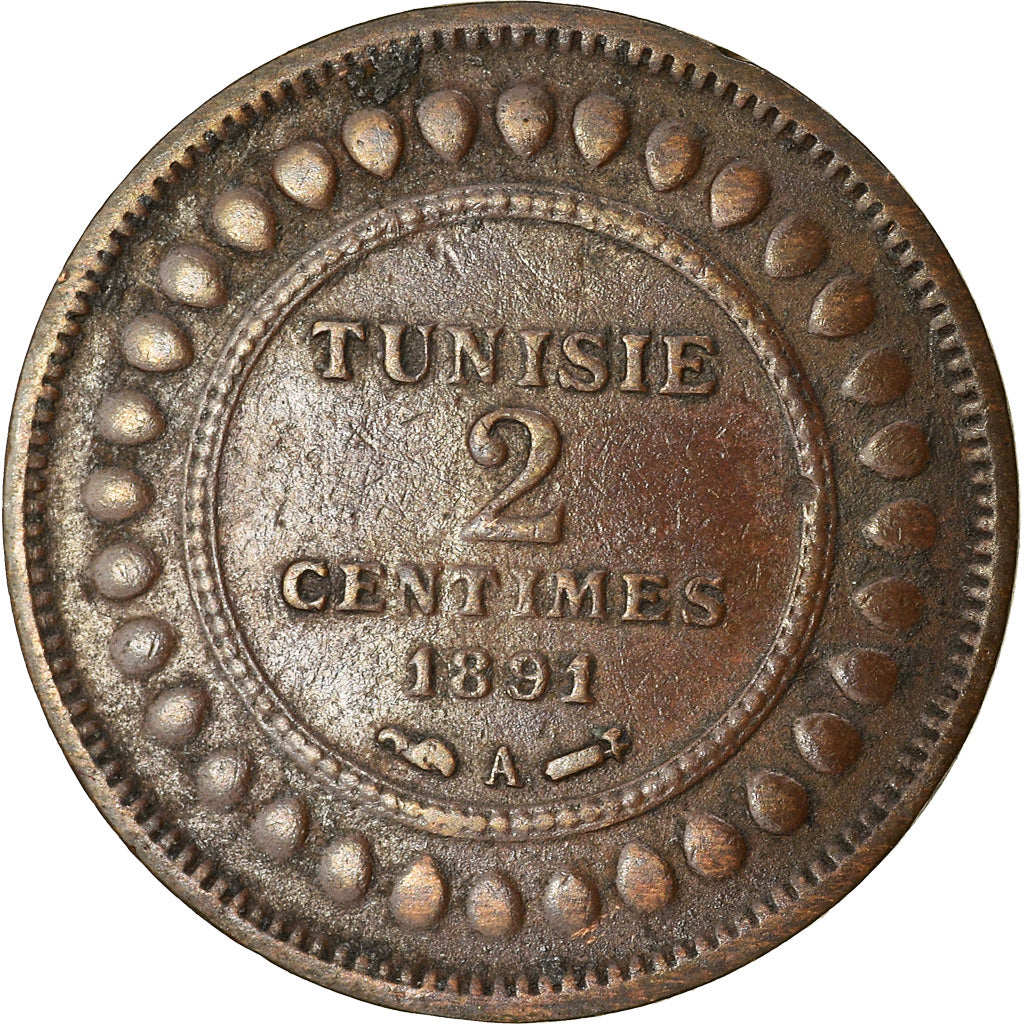 Coin, Tunisia, Ali Bey, 2 Centimes, 1891, Paris, EF(40-45), Bronze, KM:220
