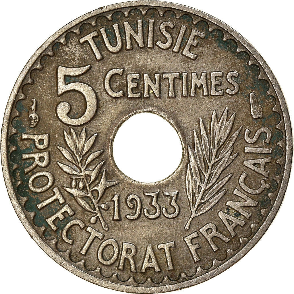 Coin, Tunisia, Ahmad Pasha Bey, 5 Centimes, 1933, Paris, EF(40-45)