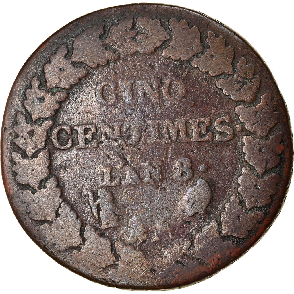 Moneta, Francia, Dupré, 5 Centimes, AN 8, Metz, MB, Bronzo, KM:640.2