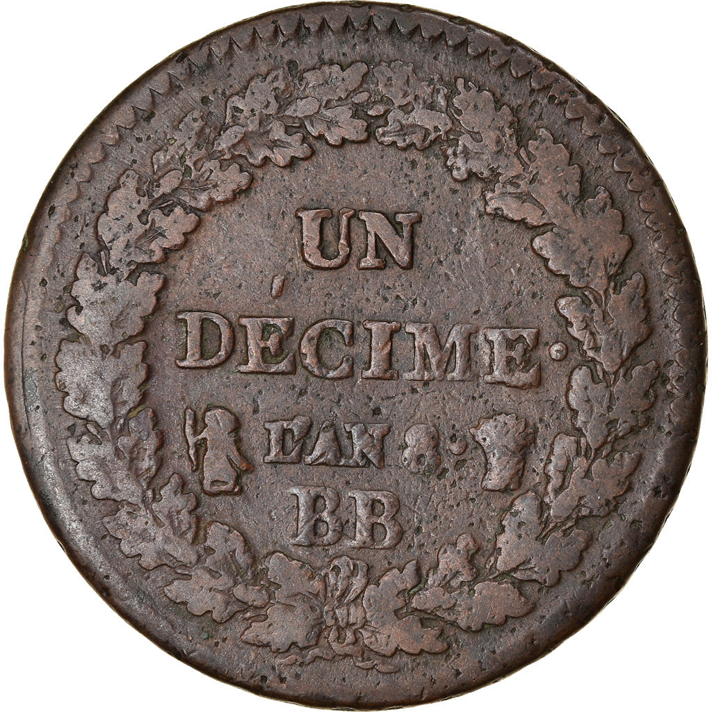 Coin, France, Dupré, Decime, AN 8, Strasbourg, VF(20-25), Bronze, KM:644.4