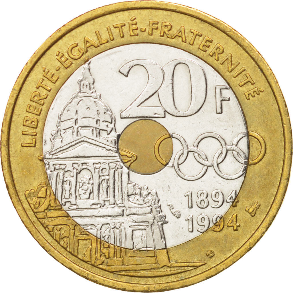 France, Pierre de Coubertin, 20 Francs, 1994, AU(55-58), KM:1036, Gadoury 873