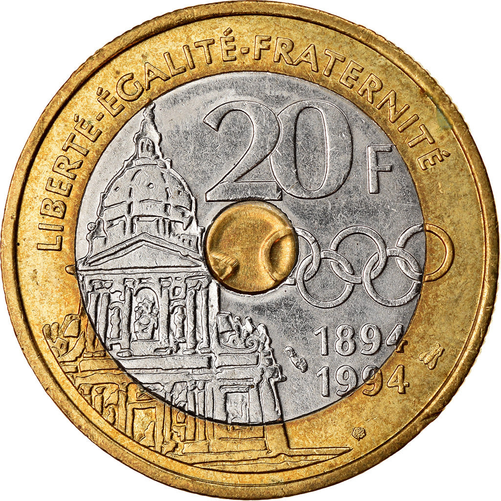 Coin, France, Pierre de Coubertin, 20 Francs, 1994, EF(40-45), Tri-Metallic