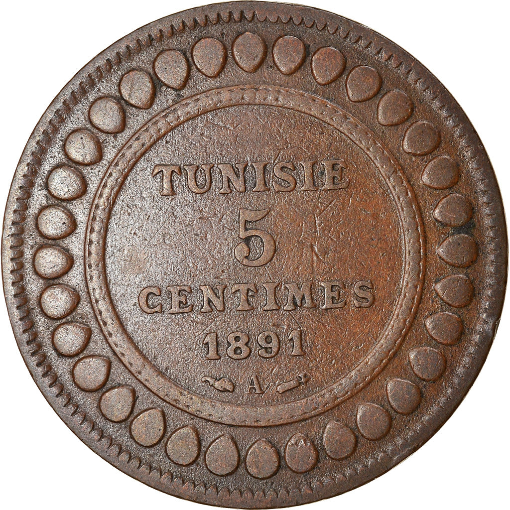 Coin, Tunisia, Ali Bey, 5 Centimes, 1891, Paris, EF(40-45), Bronze, KM:221