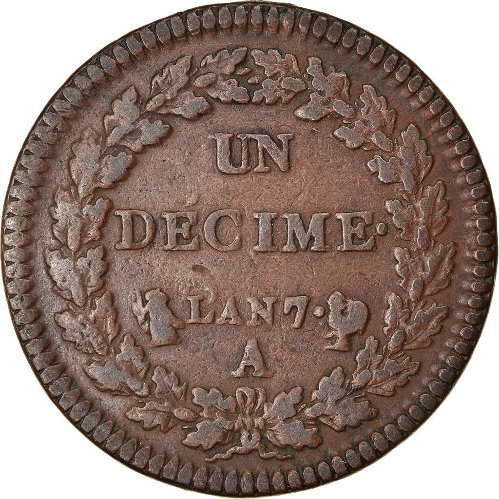 Moneta, Francia, Dupré, Decime, AN 7, Paris, MB+, Bronzo, KM:644.1, Gadoury:187