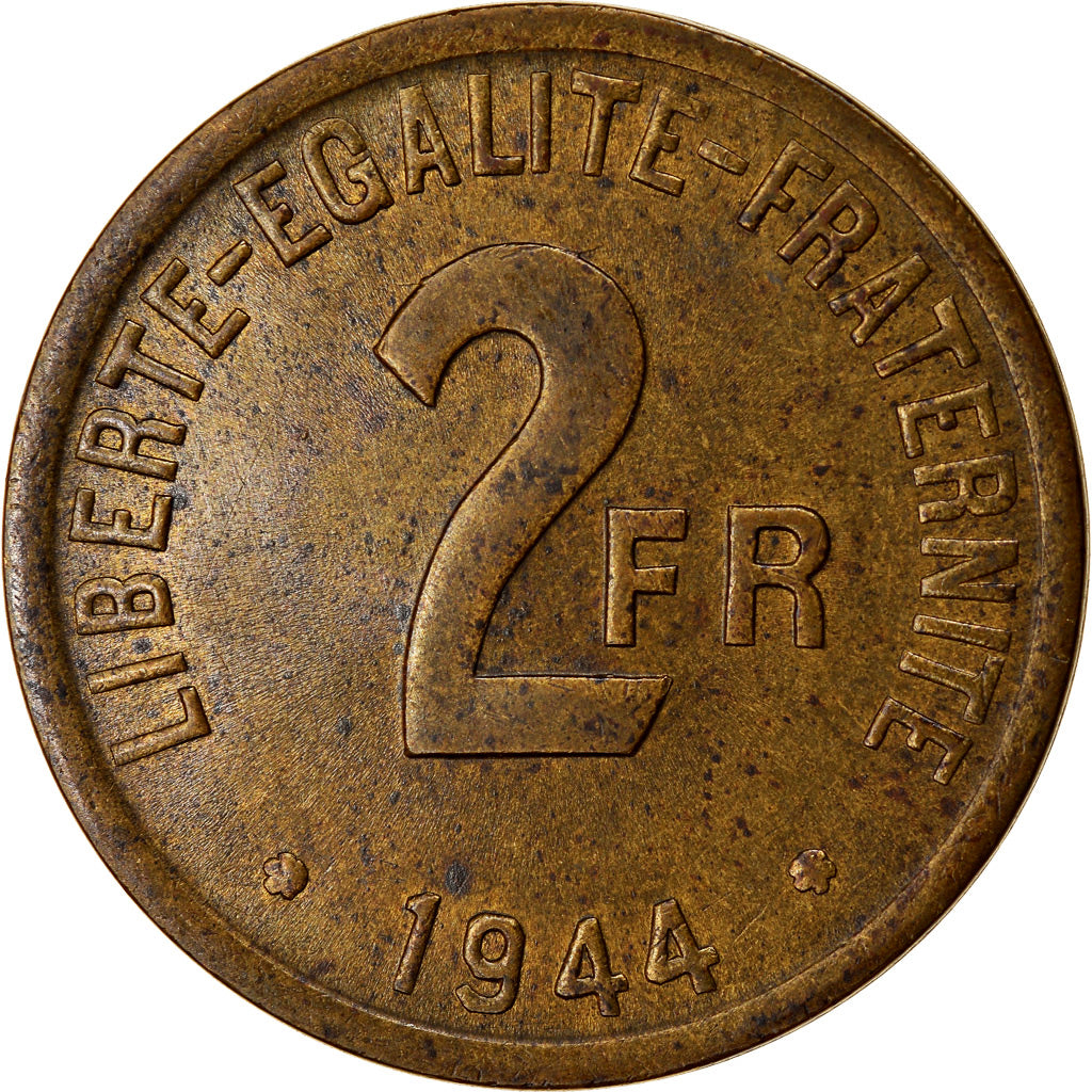 Moneda, Francia, France Libre, 2 Francs, 1944, Philadelphia, MBC+, Latón