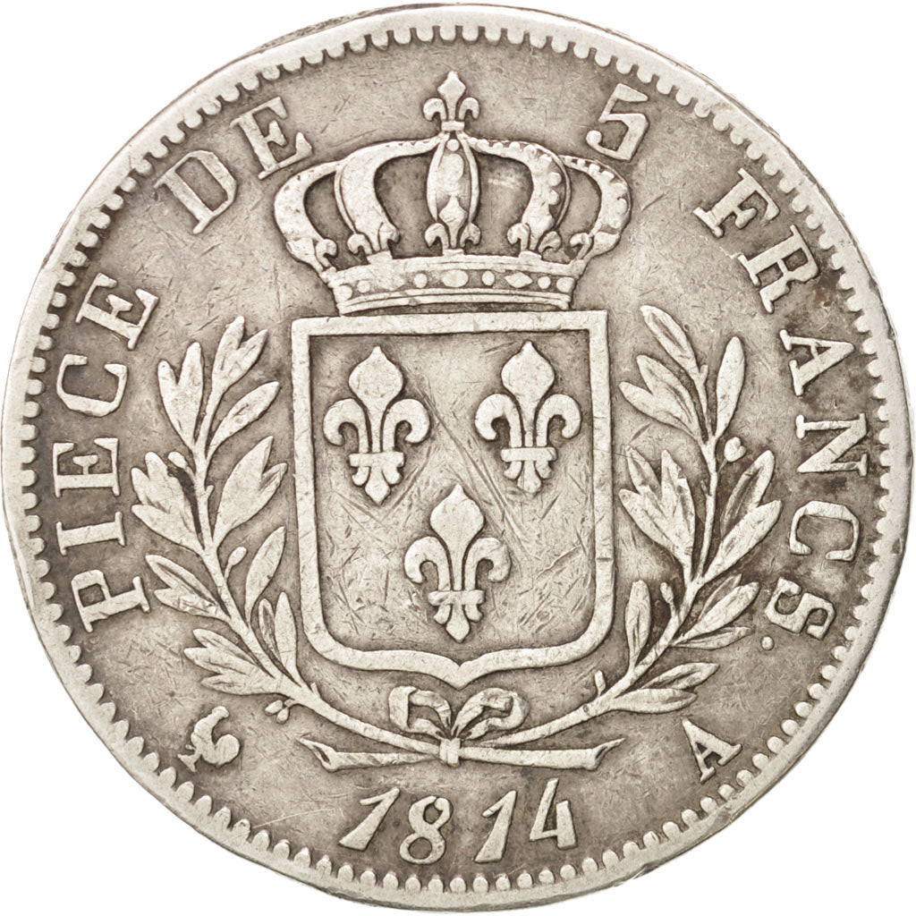 France, Louis XVIII, 5 Francs, 1814, Paris,VF(30-35),Silver,KM:702.1,Gadoury 591