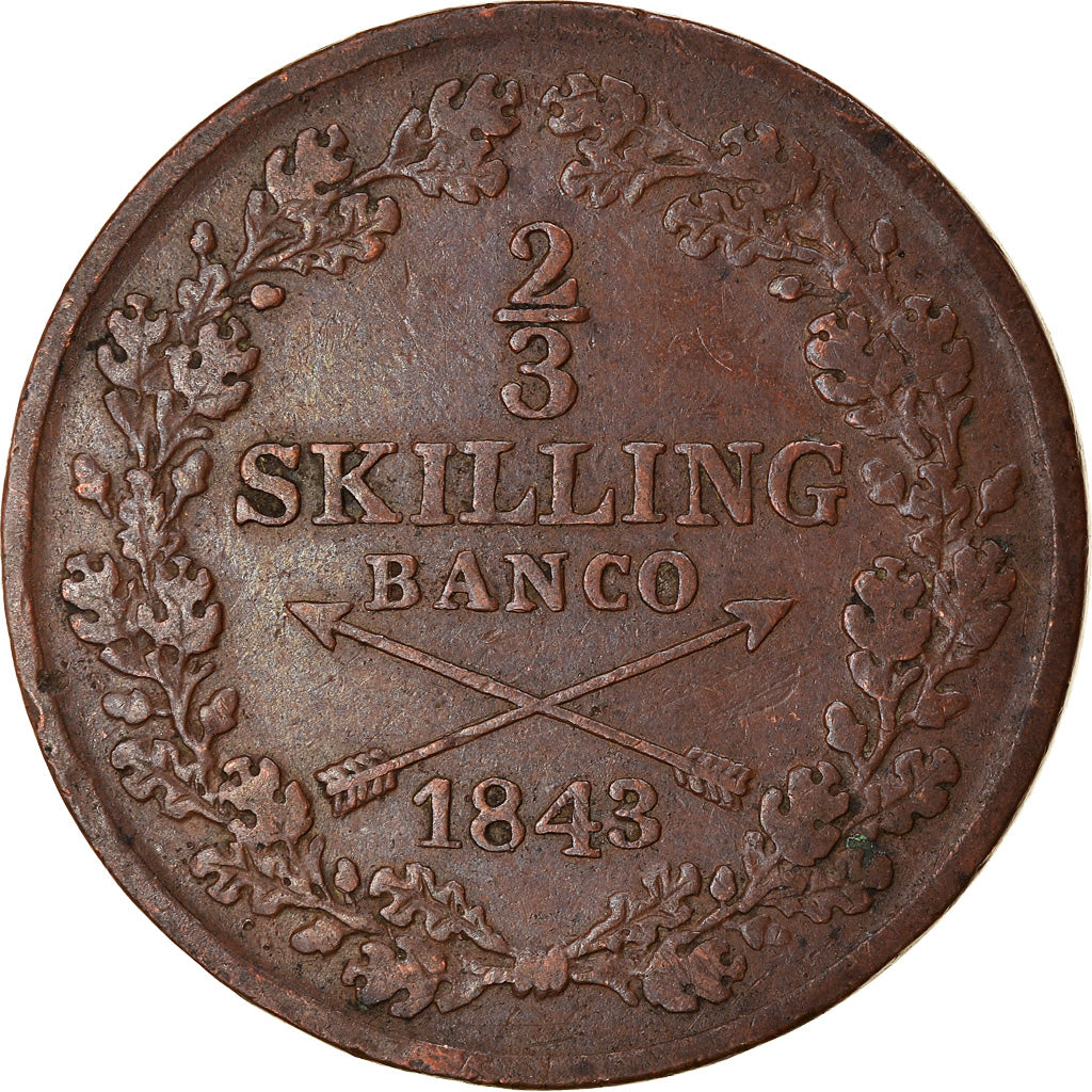 Moneta, Svezia, Carl XIV Johan, 2/3 Skilling, 1843, MB+, Rame, KM:641