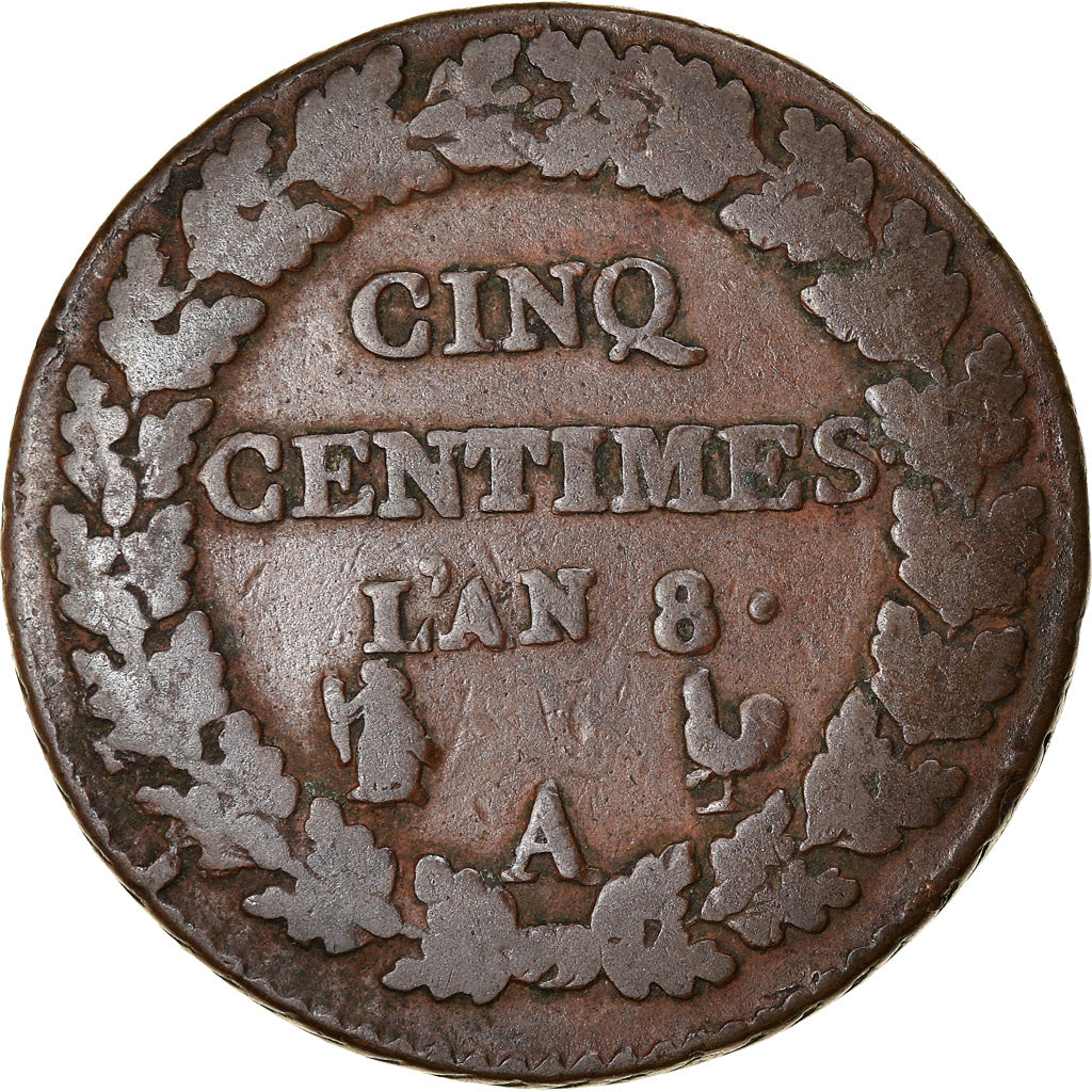 Monnaie, France, Dupré, 5 Centimes, AN 8, Paris, TB, Bronze, Gadoury:126a
