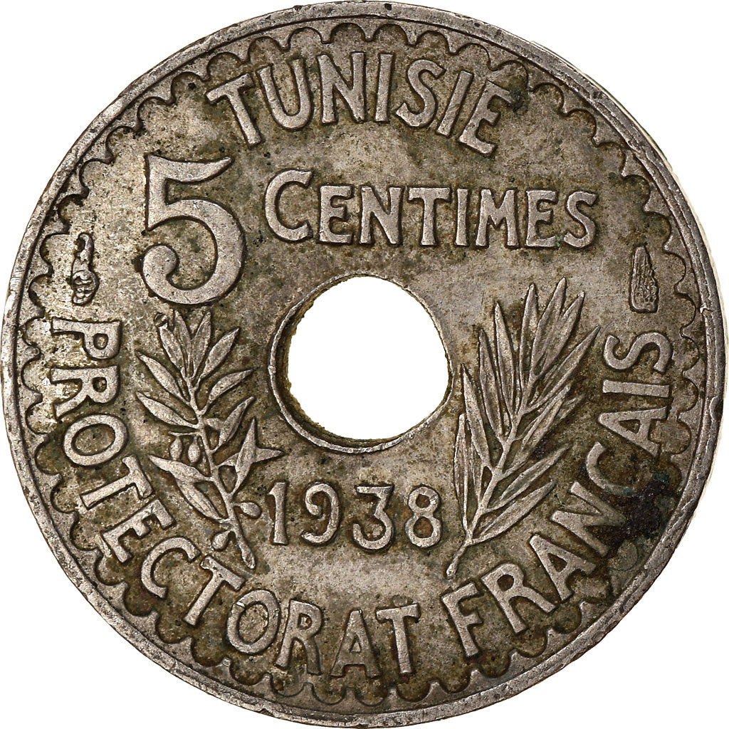 Coin, Tunisia, Ahmad Pasha Bey, 5 Centimes, 1938, Paris, VF(30-35)