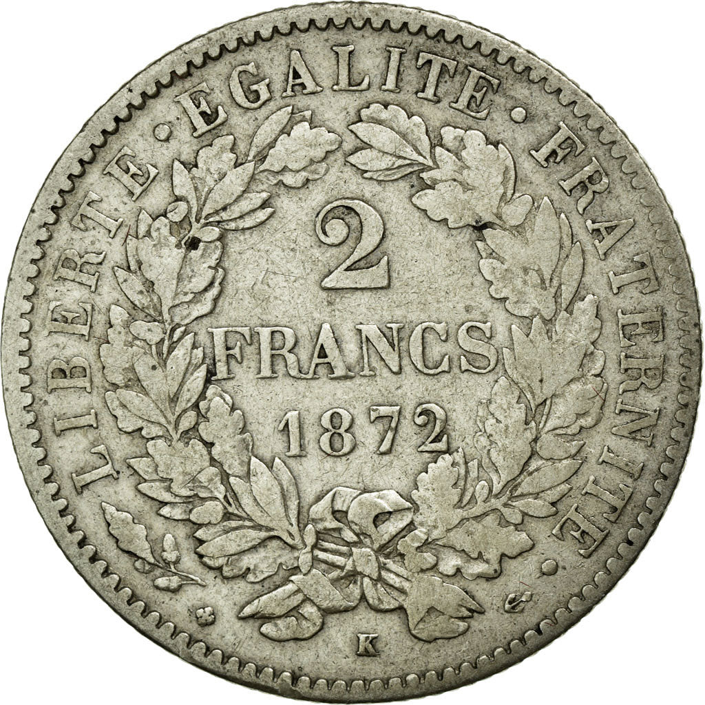 Coin, France, Cérès, 2 Francs, 1872, Bordeaux, VF(30-35), Silver, KM:817.2