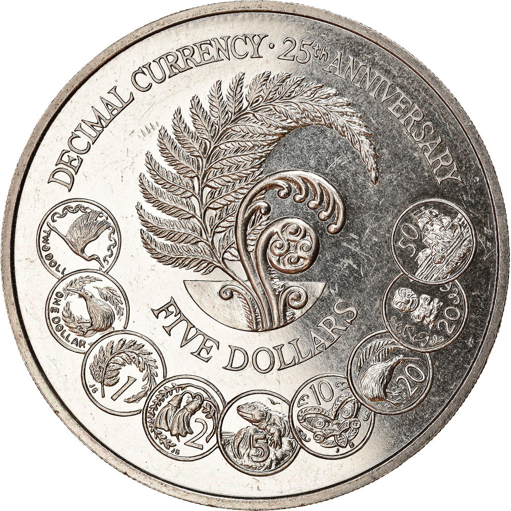 Coin, New Zealand, Elizabeth II, Decimal CURRENCY 25 th anniversary, 5 Dollars