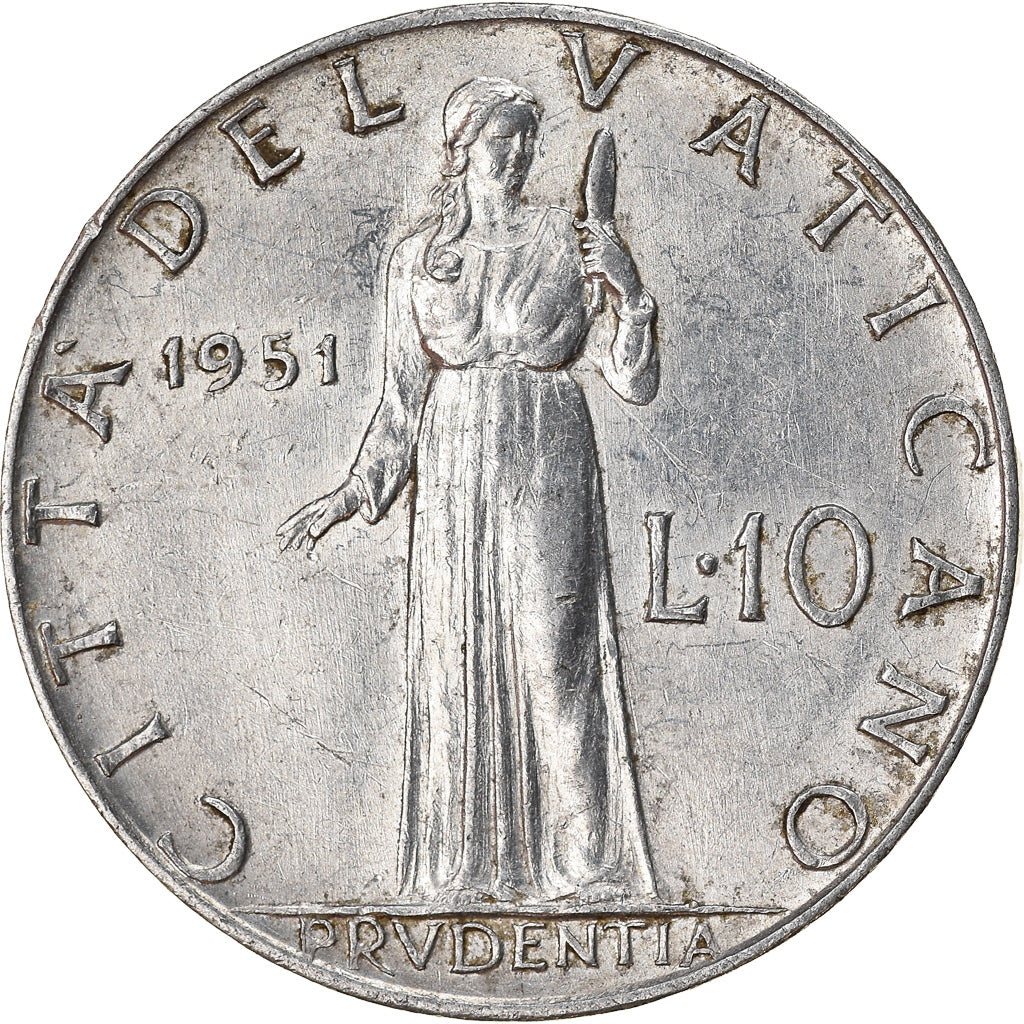 Munten, Vaticaanstad, Pius XII, 10 Lire, 1951, ZF+, Aluminium, KM:52.1