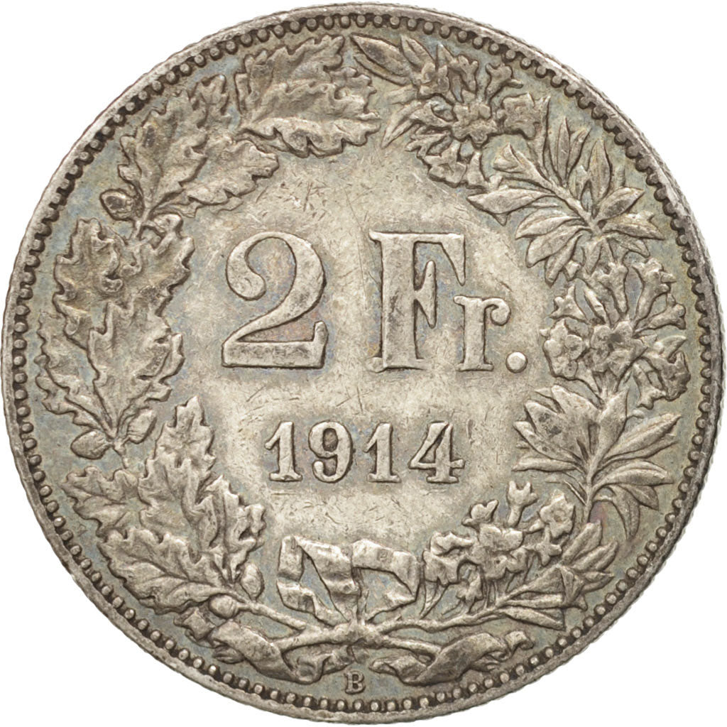 Switzerland, 2 Francs, 1914, Bern, AU(50-53), Silver, KM:21