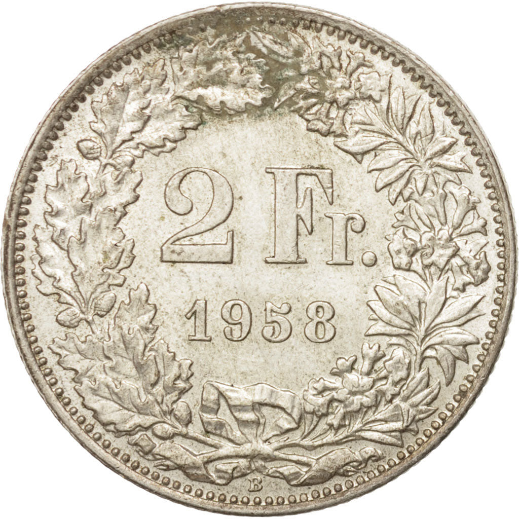 Switzerland, 2 Francs, 1958, Bern, AU(50-53), Silver, KM:21