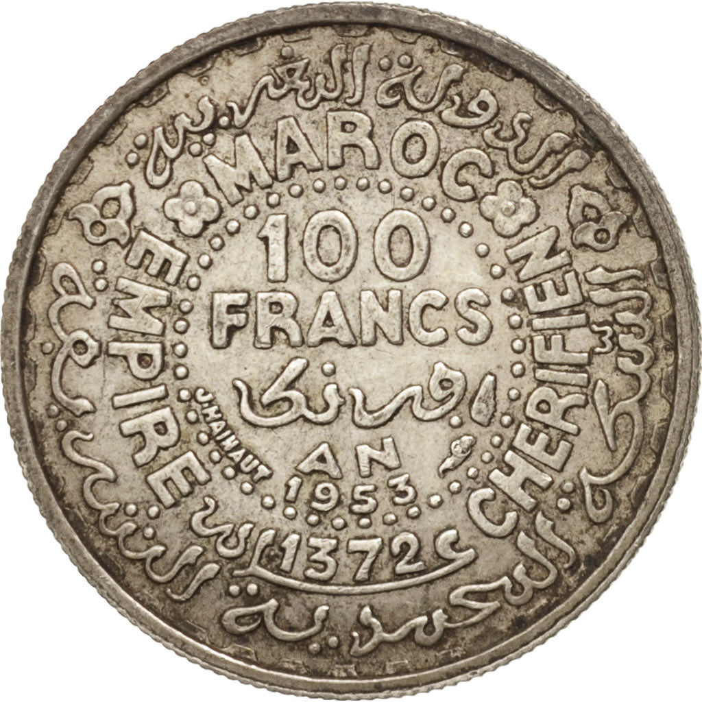 Morocco, Mohammed V, 100 Francs, 1953, Paris, EF(40-45), Silver, KM:52