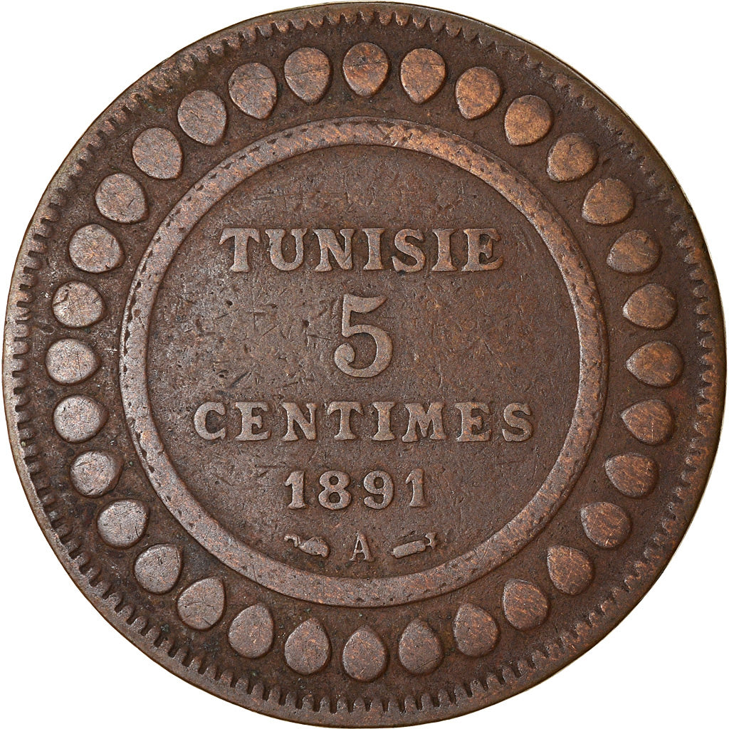 Moeda, Tunísia, Ali Bey, 5 Centimes, 1891, Paris, VF(30-35), Bronze, KM:221