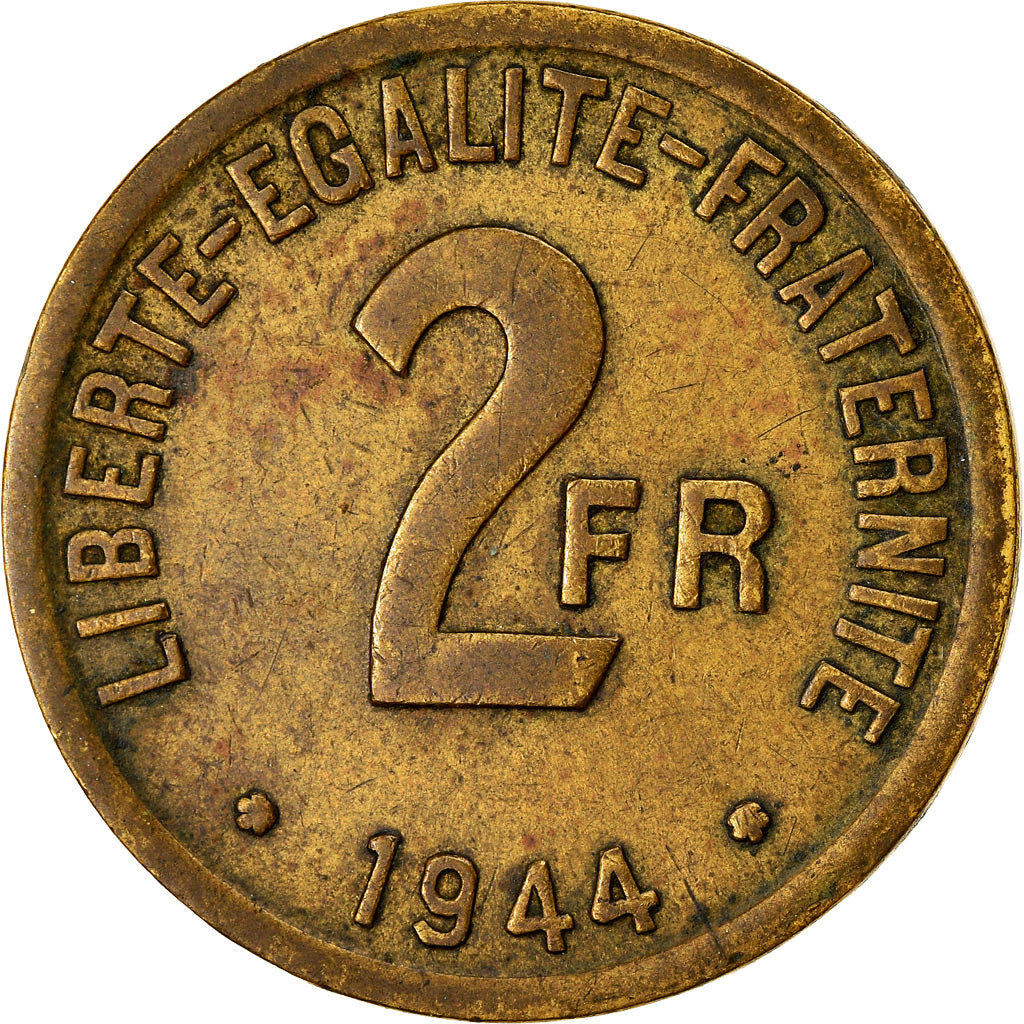 Monnaie, France, France Libre, 2 Francs, 1944, Philadelphie, TB+, Laiton