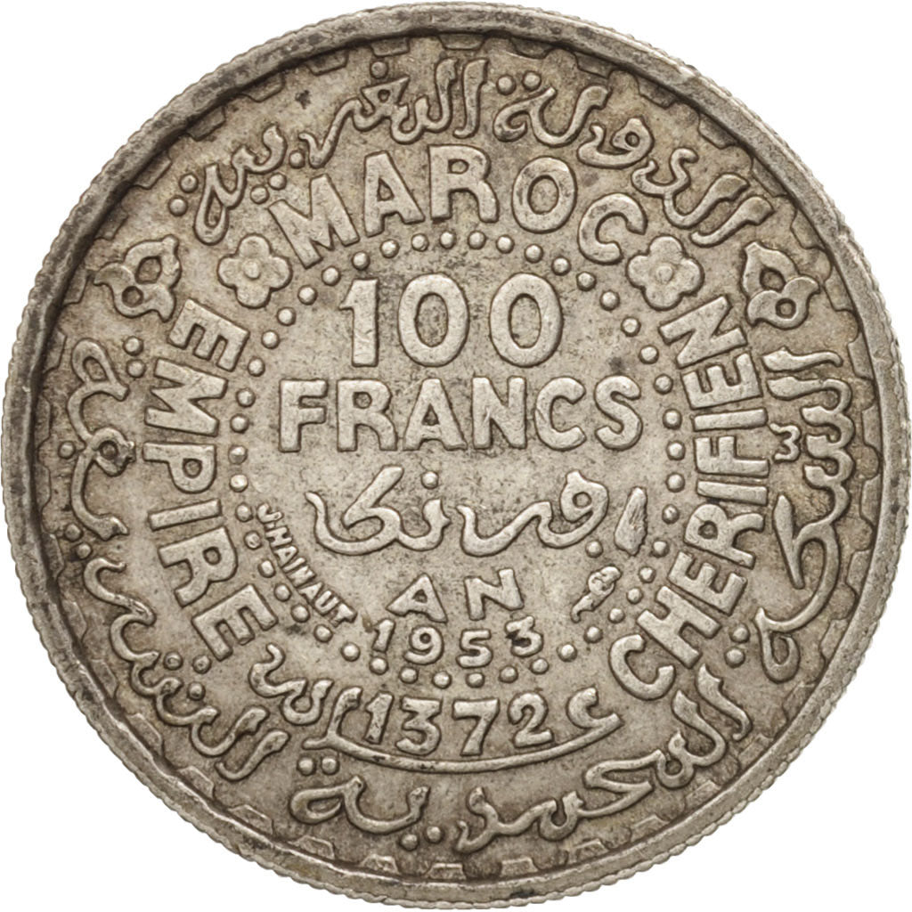 Morocco, Mohammed V, 100 Francs, 1953, Paris, EF(40-45), Silver, KM:52