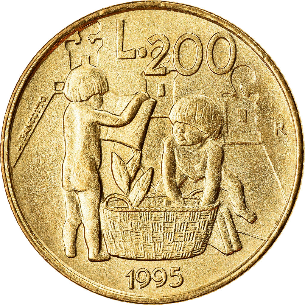 Munten, San Marino, 200 Lire, 1995, Rome, ZF+, Aluminum-Bronze, KM:329