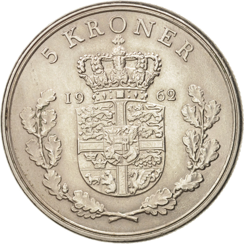 Denmark, Frederik IX,5 Kroner,1962,Copenhagen, AU(55-58),Copper-nickel,KM 853.1