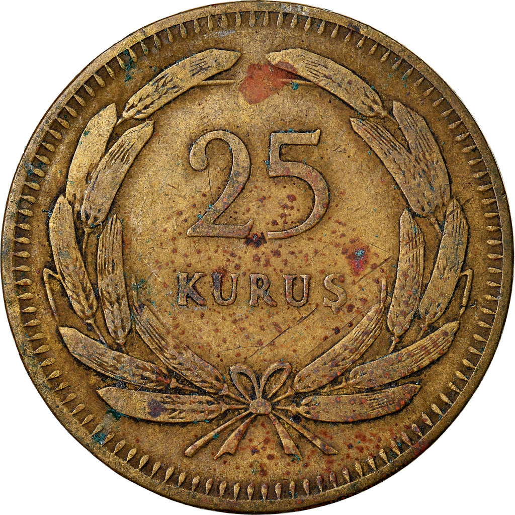 Moeda, Turquia, 25 Kurus, 1948, VF(30-35), Latão, KM:886