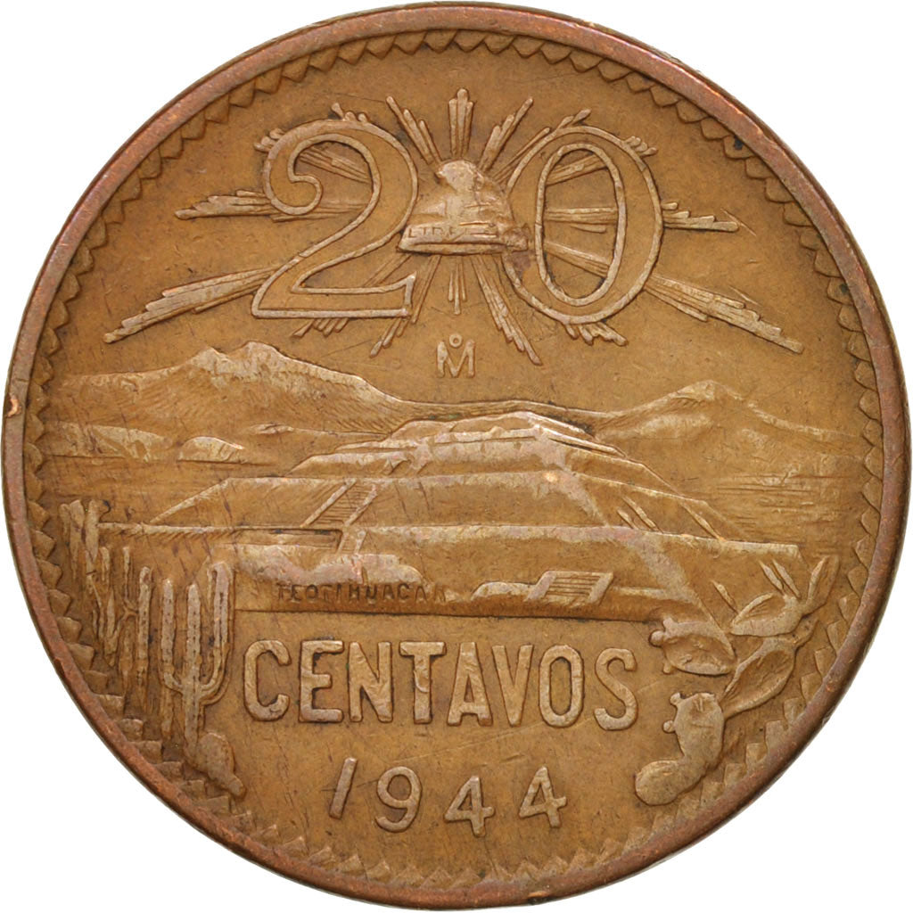 Mexico, 20 Centavos, 1944, Mexico City, EF(40-45), Bronze, KM:439