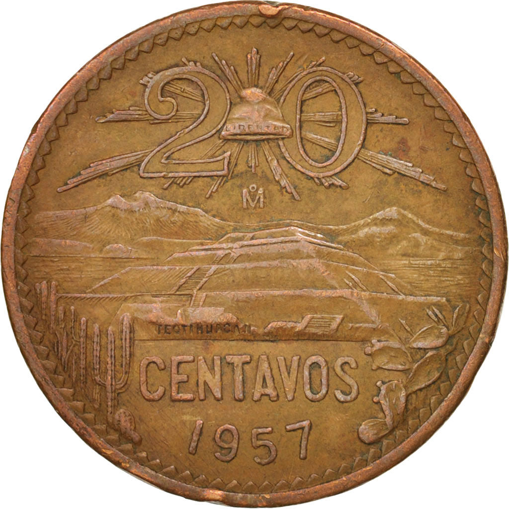 Mexico, 20 Centavos, 1957, Mexico City, AU(50-53), Bronze, KM:440