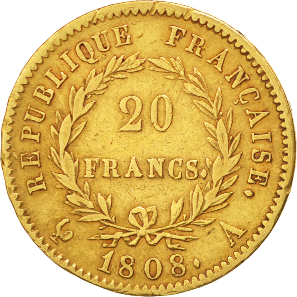 France, Napoléon I, 20 Francs, 1808, Paris, EF(40-45),Gold,KM:687.1,Gadoury 1024