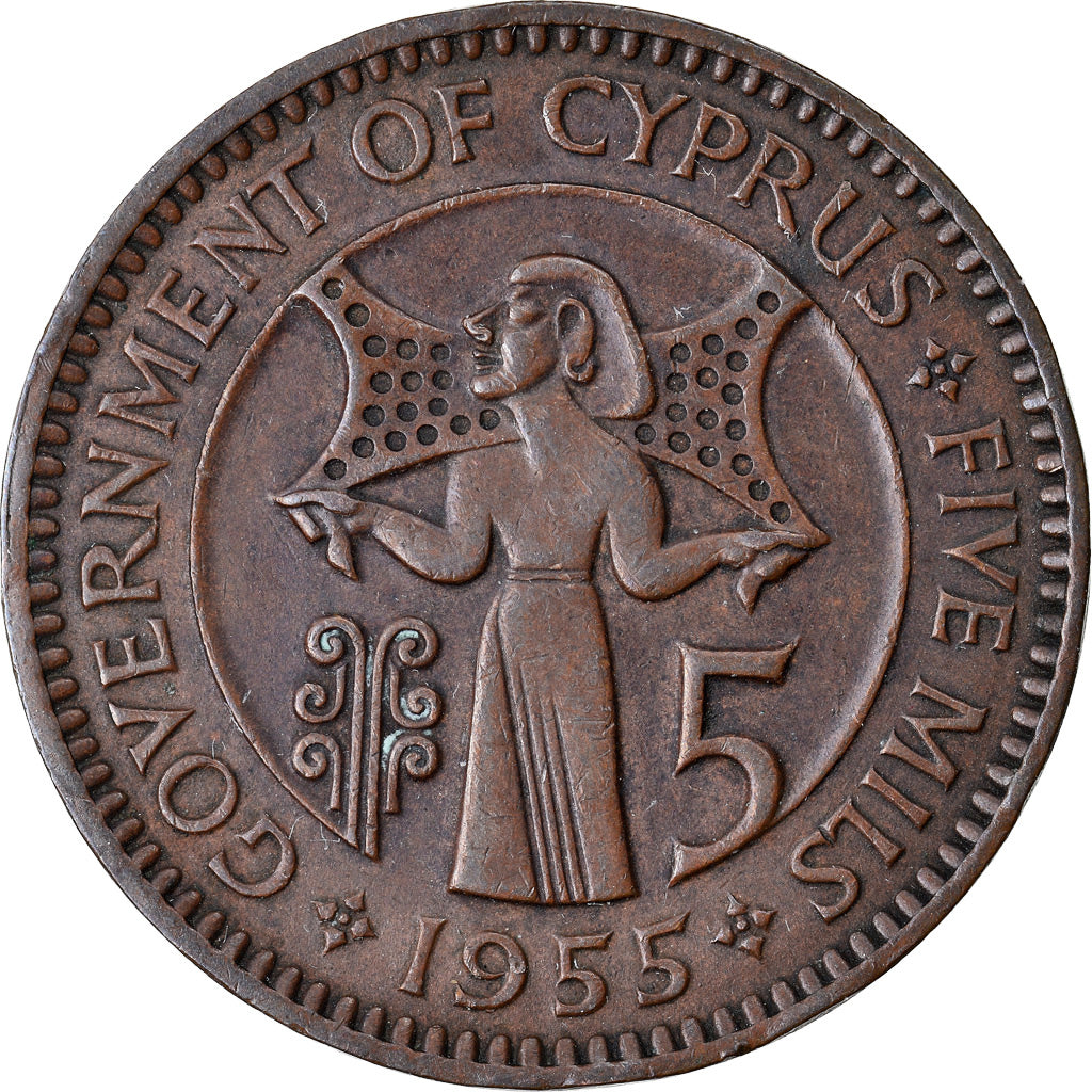 Coin, Cyprus, 5 Mils, 1955, AU(50-53), Bronze, KM:34