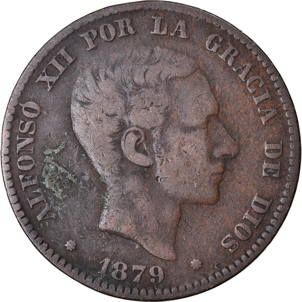Monnaie, Espagne, Alfonso XII, 10 Centimos, 1879, Barcelona, TB, Bronze, KM:675