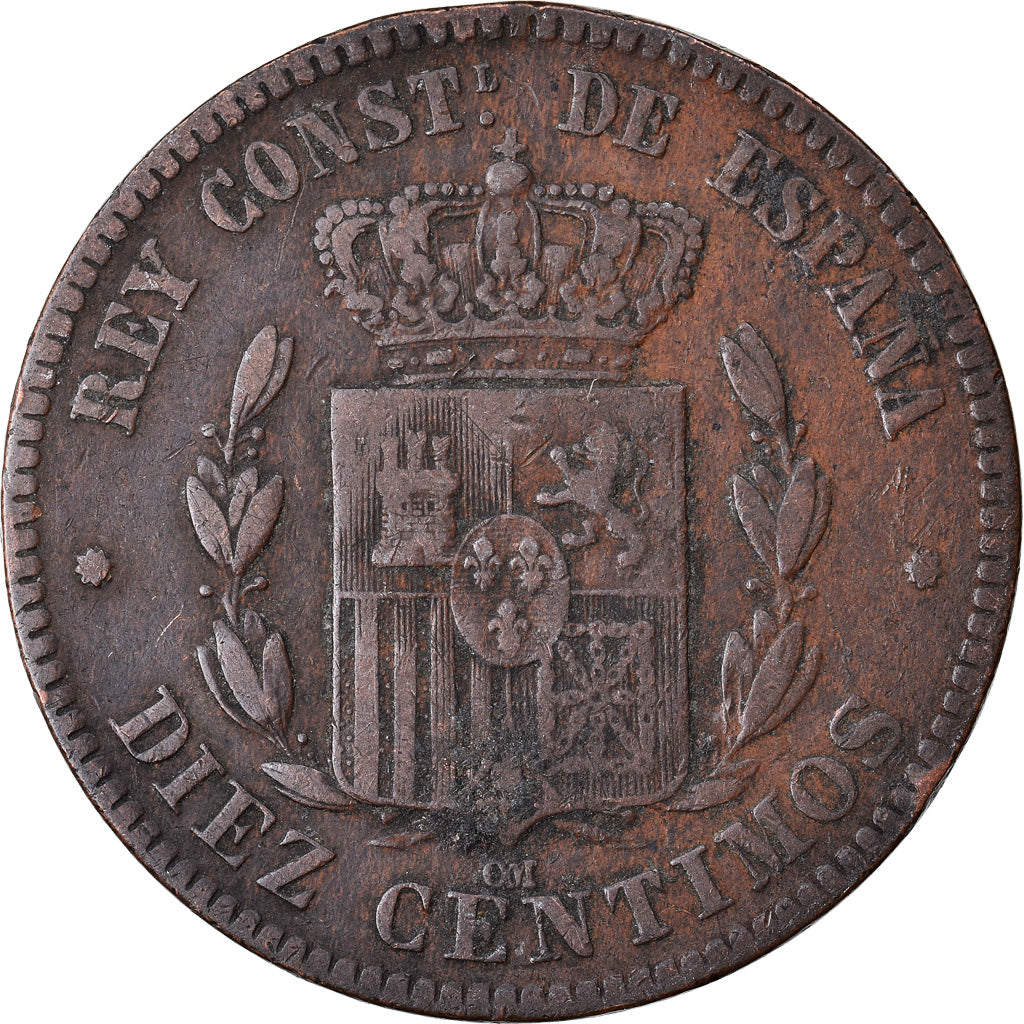 Monnaie, Espagne, Alfonso XII, 10 Centimos, 1879, Barcelona, TB, Bronze, KM:675
