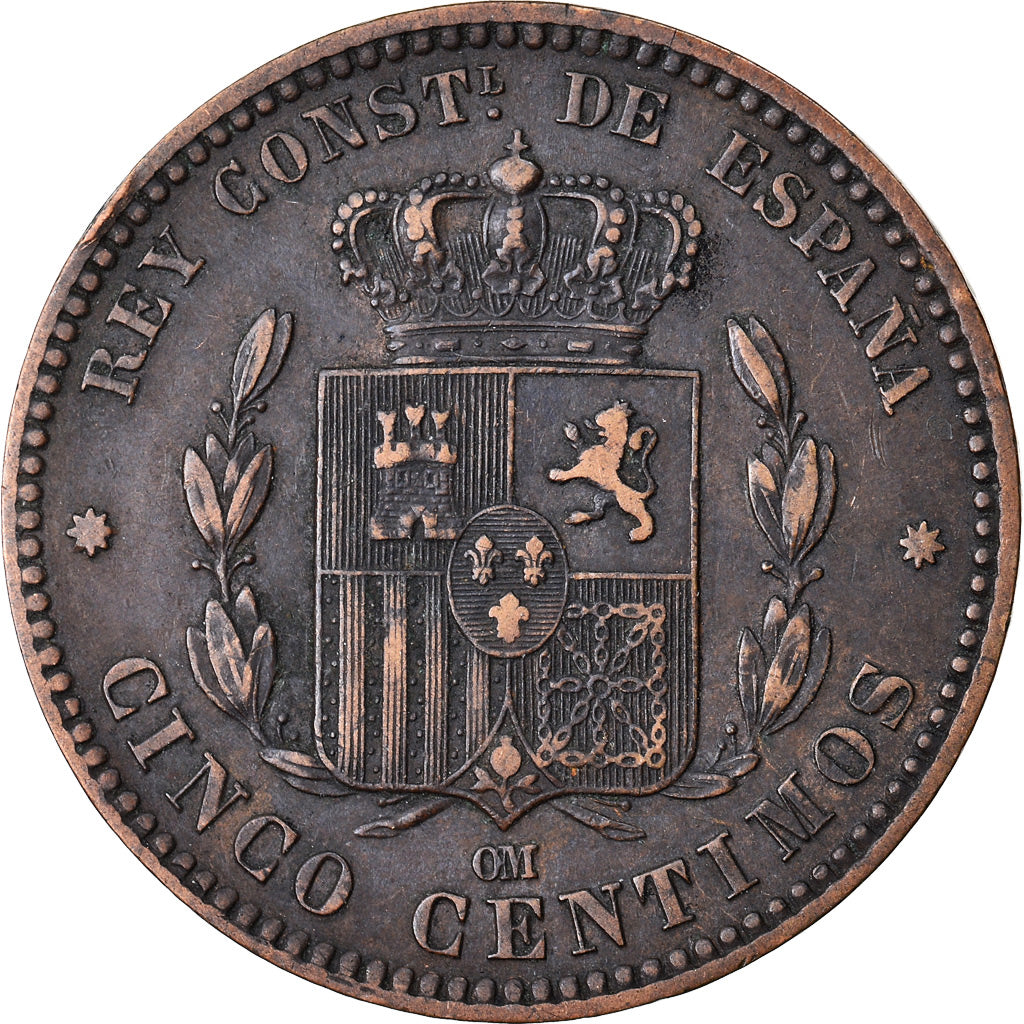 Coin, Spain, Alfonso XII, 5 Centimos, 1878, Barcelona, EF(40-45), Bronze, KM:674