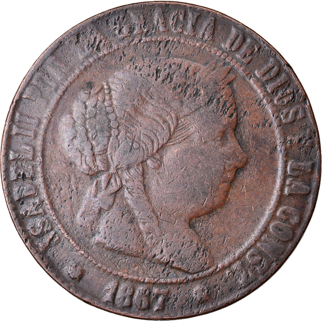 Coin, Spain, Isabel II, 5 Centimos, 1867, Madrid, VF(20-25), Copper, KM:635.1