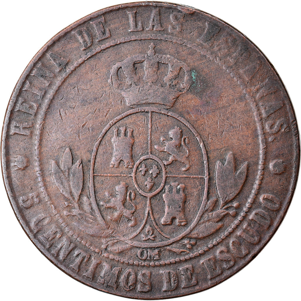 Coin, Spain, Isabel II, 5 Centimos, 1867, Madrid, VF(20-25), Copper, KM:635.1
