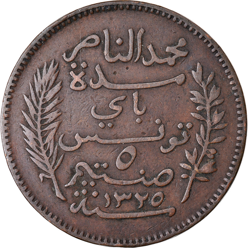 Moeda, Tunísia, Muhammad al-Nasir Bey, 5 Centimes, 1907, Paris, EF(40-45)