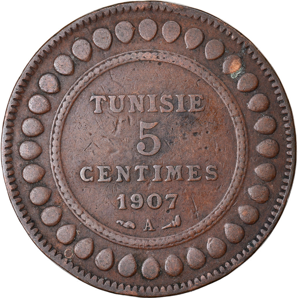 Moeda, Tunísia, Muhammad al-Nasir Bey, 5 Centimes, 1907, Paris, EF(40-45)