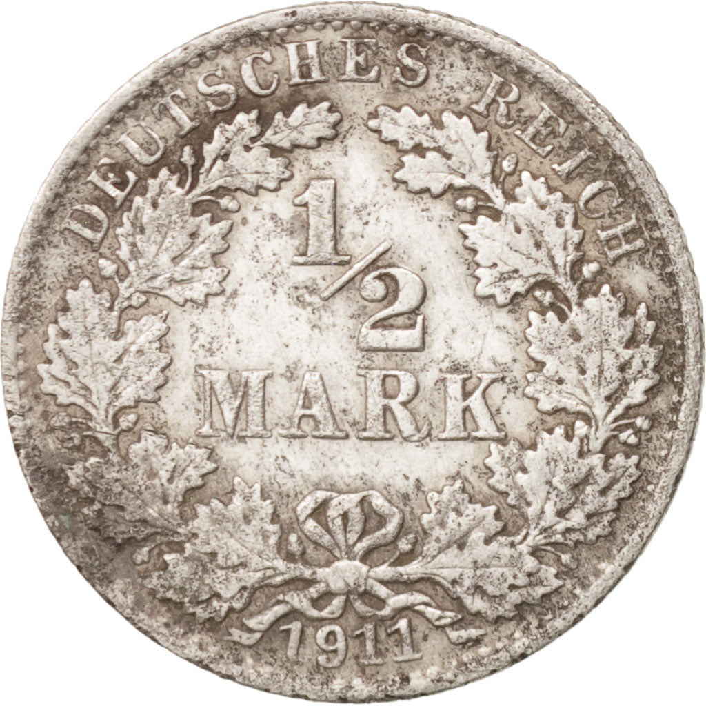 GERMANY - EMPIRE, 1/2 Mark, 1911, Berlin, VF(30-35), Silver, KM:17